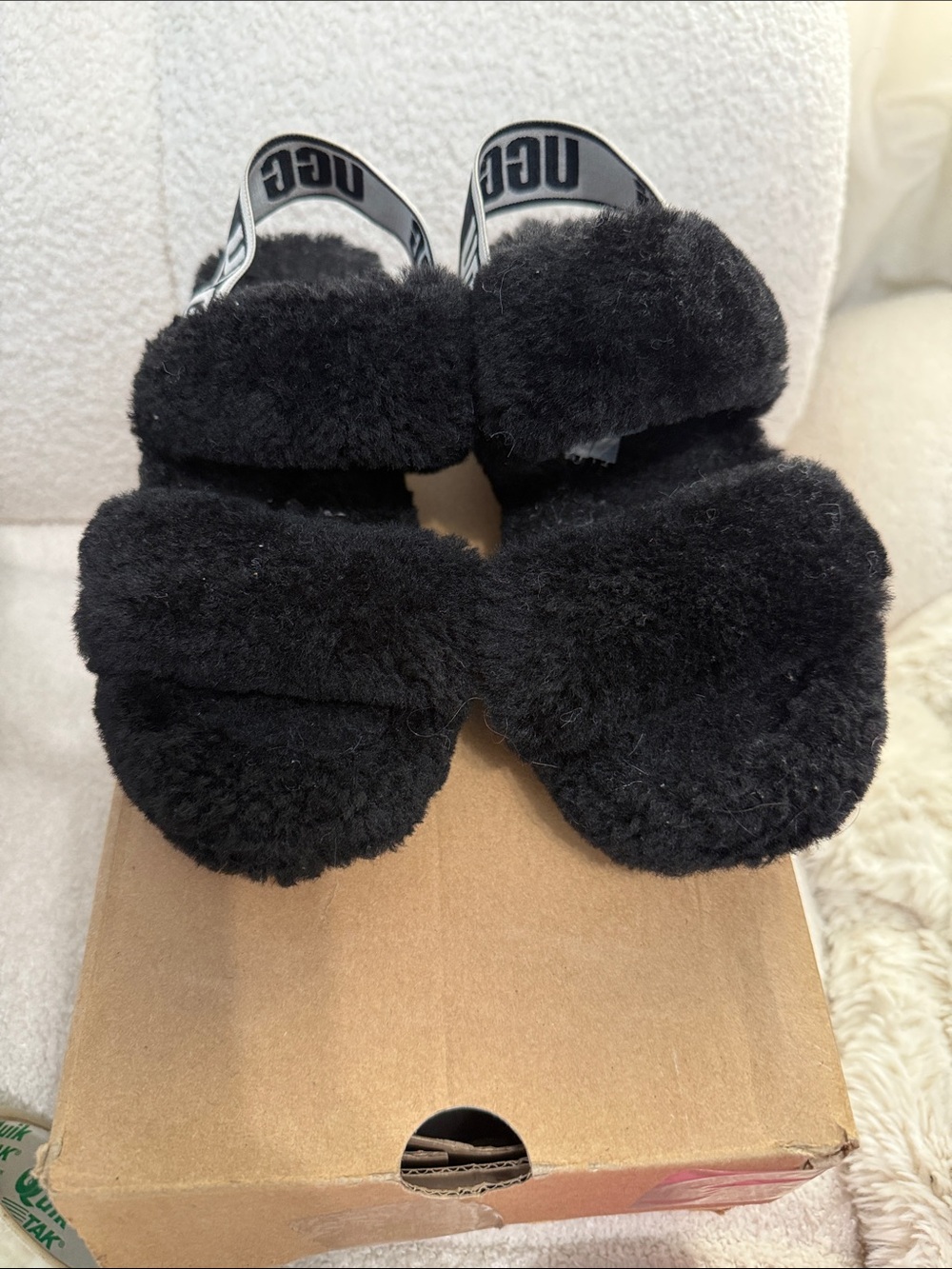 UGG Kids Black Fluff Slide Sandals with Logo Strap